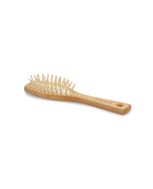 Een houten haarborstel met een wit handvat, perfect voor het verzorgen en stylen van haar.