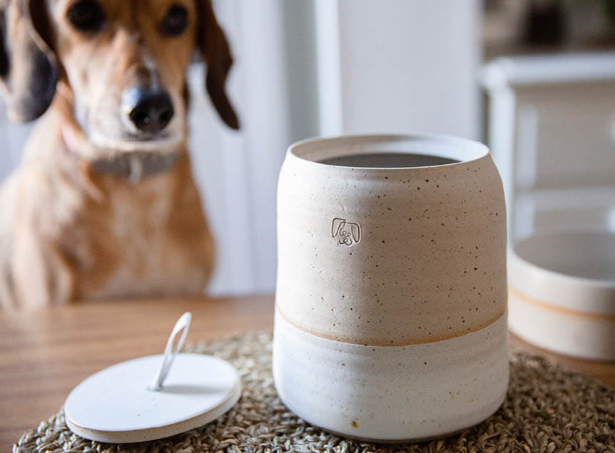 Honden koekpot wit met deksel ernaast